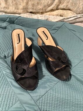 J.Renee Black Satin Slide Mules with Rosette Accent